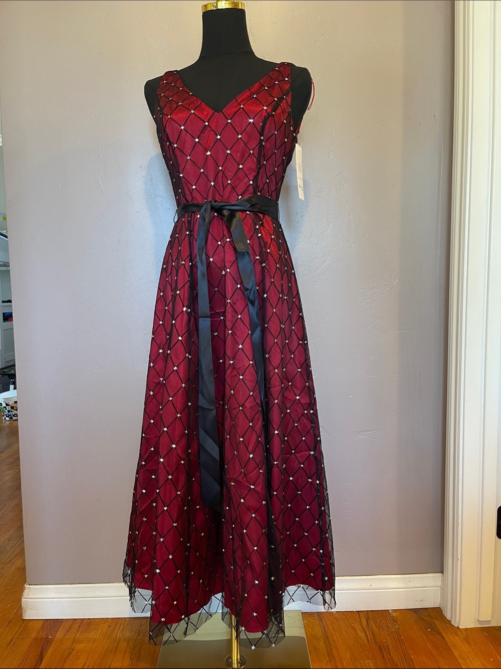 Vintage 90s Adrianna Papell Boutique Red Black Diamond Mesh Gown Dress size 4p